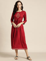 Maroon Foil Print Liva Dress With Jacket