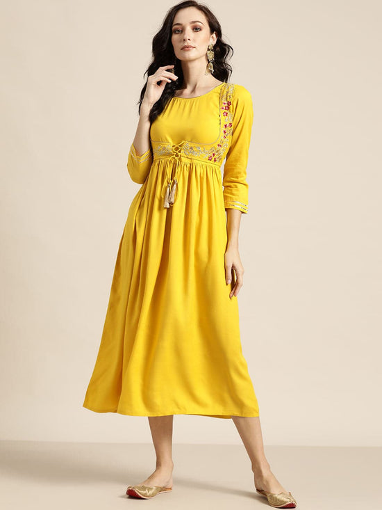 Yellow Zari Embroidered Liva Dress With Jacket