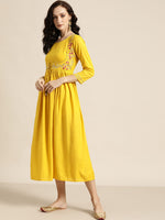 Yellow Zari Embroidered Liva Dress With Jacket