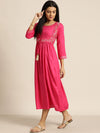 Fuchsia Zari Embroidered Liva Dress With Jacket