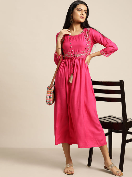 Fuchsia Zari Embroidered Liva Dress With Jacket