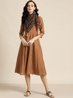 Brown Anarkali Dress With Printed Scarf