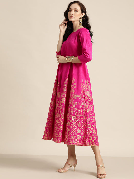 Fuchsia Foil Print Anarkali Maxi Dress