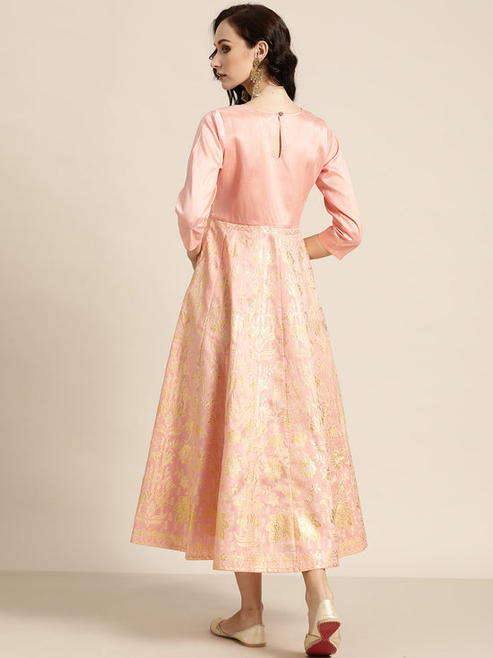 Peach Gold Foil Print Anarkali Maxi Dress