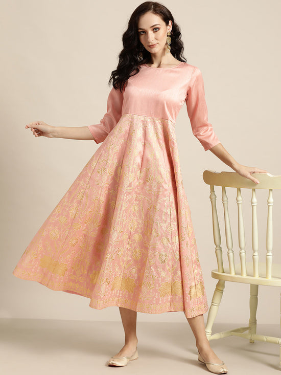 Peach Gold Foil Print Anarkali Maxi Dress