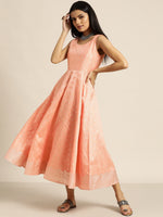 Peach Silver Foil Print Anarkali Maxi Dress