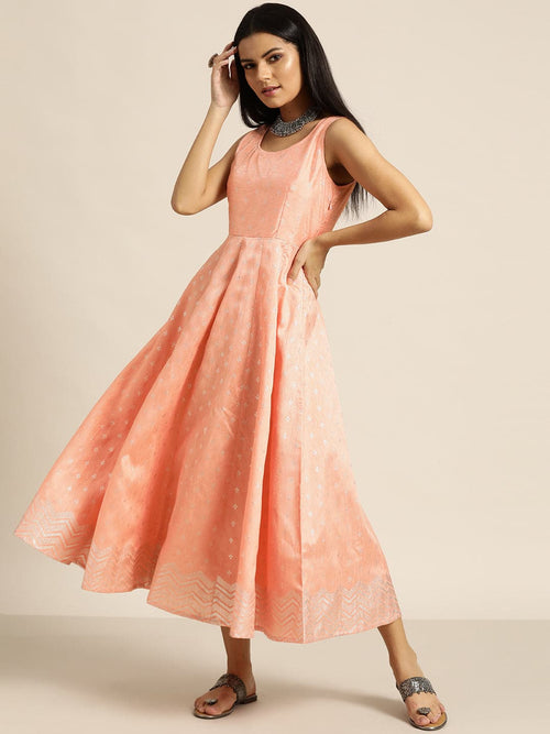 Peach Silver Foil Print Anarkali Maxi Dress