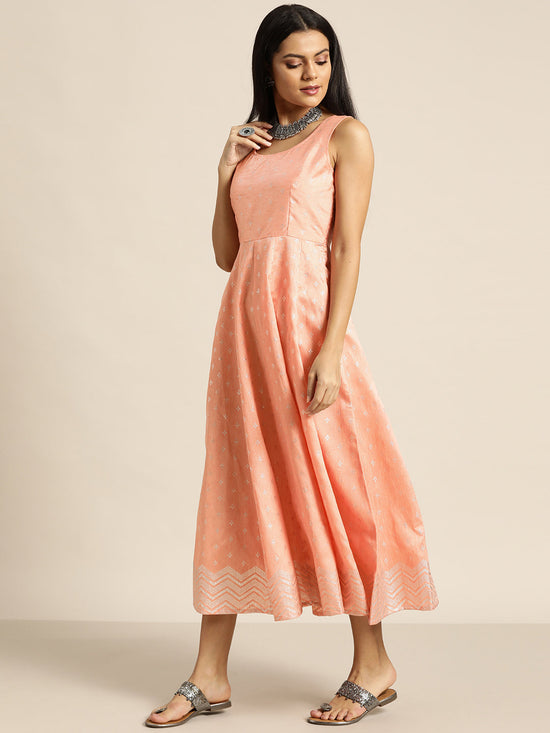 Peach Silver Foil Print Anarkali Maxi Dress