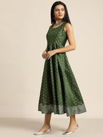 Dark Green Silver Foil Print Anarkali Maxi Dress