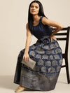 Navy Foil Print Sleeveless Anarkali Maxi Dress