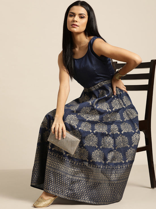 Navy Foil Print Sleeveless Anarkali Maxi Dress