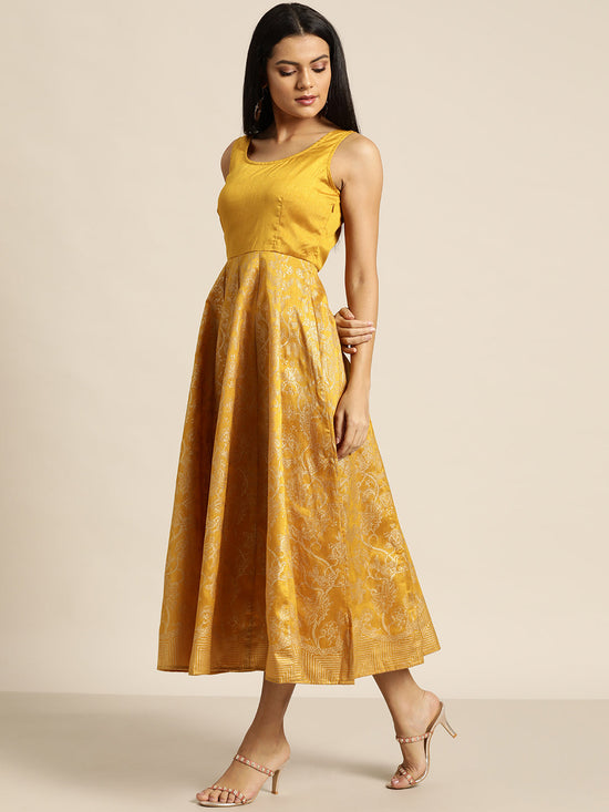 Mustard Foil Print Sleeveless Anarkali Maxi Dress