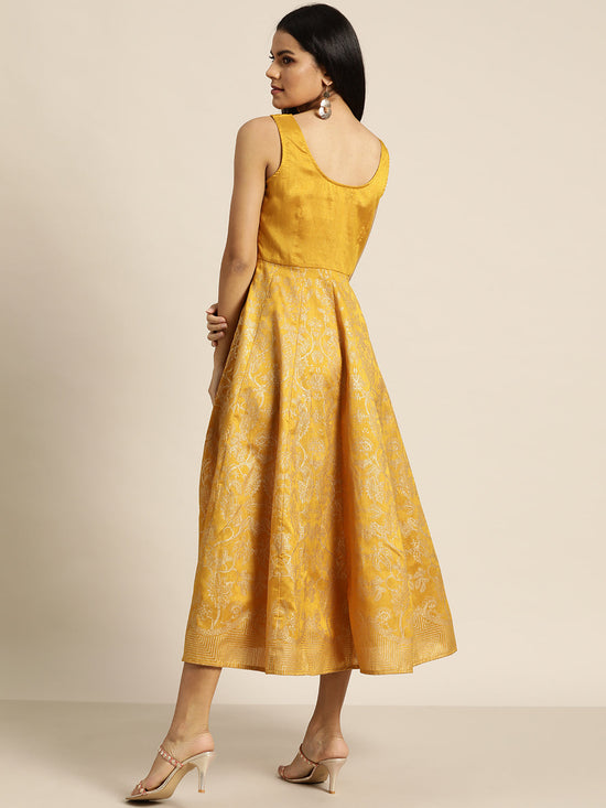 Mustard Foil Print Sleeveless Anarkali Maxi Dress