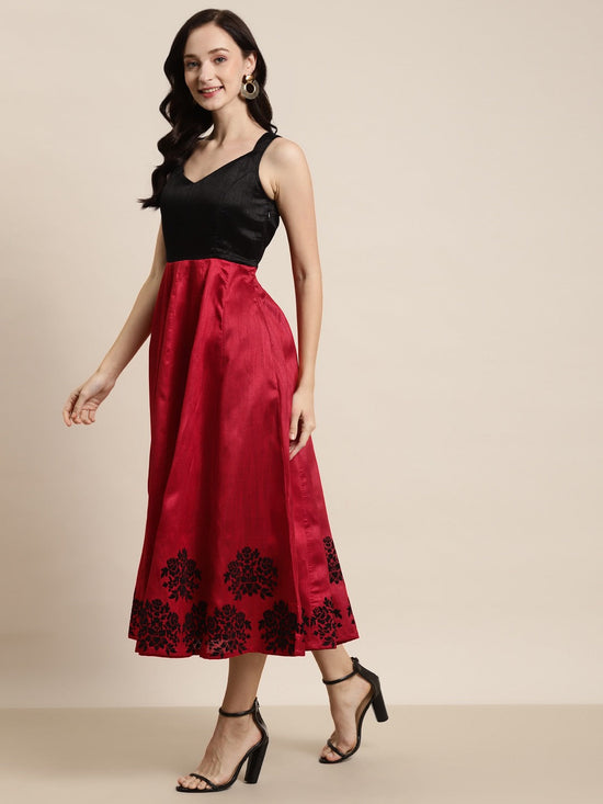 Red Flock Print Sweetheart Neck Anarkali Maxi