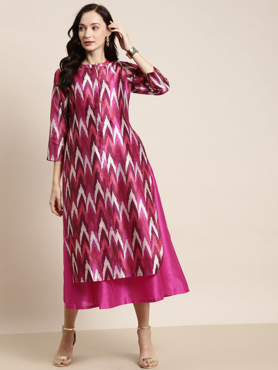 Fuchsia Anarkali Maxi With Ikat Print Jacket