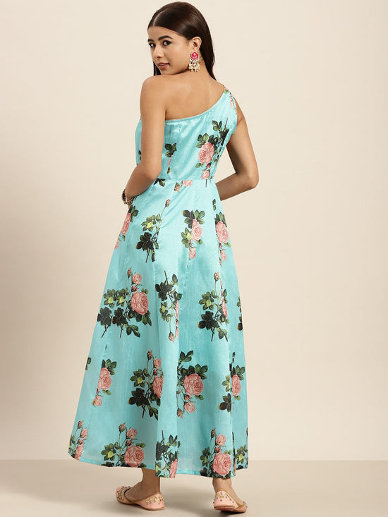 Turquoise Floral One Shoulder Anarkali Maxi