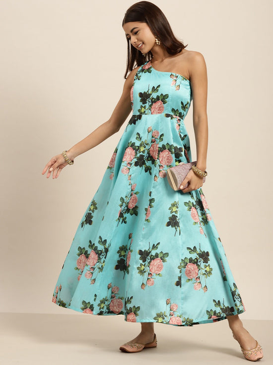 Turquoise Floral One Shoulder Anarkali Maxi