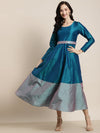 Teal Contrast Border Embroidered-Belt Anarkali Maxi