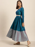 Teal Contrast Border Embroidered-Belt Anarkali Maxi