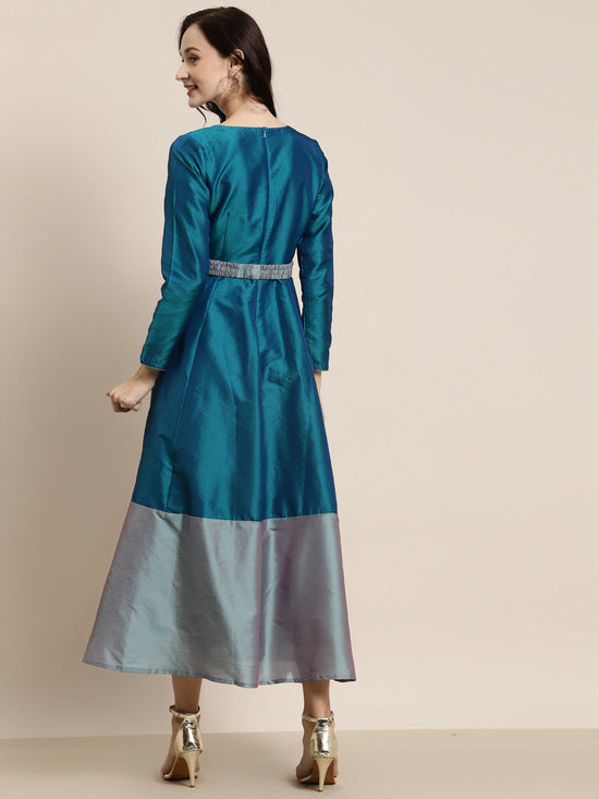 Teal Contrast Border Embroidered-Belt Anarkali Maxi