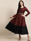 Maroon Contrast Border Embroidered-Belt Anarkali Maxi