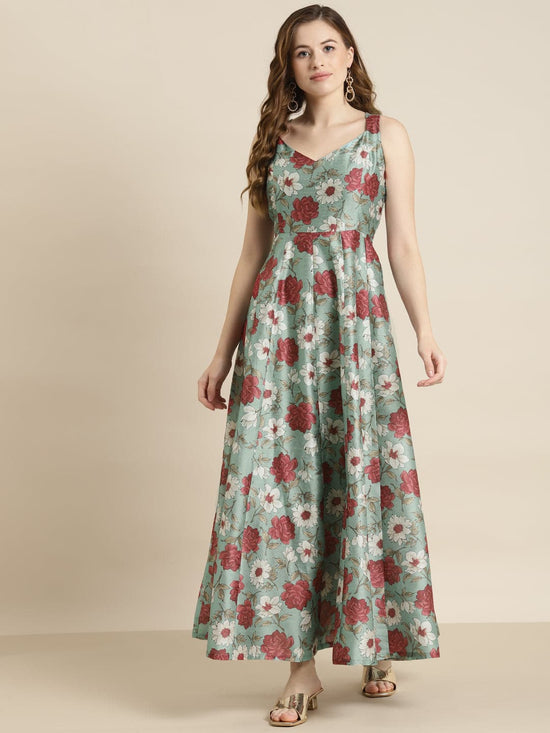 Sea Green Floral Sweetheart Anarkali Maxi Dress