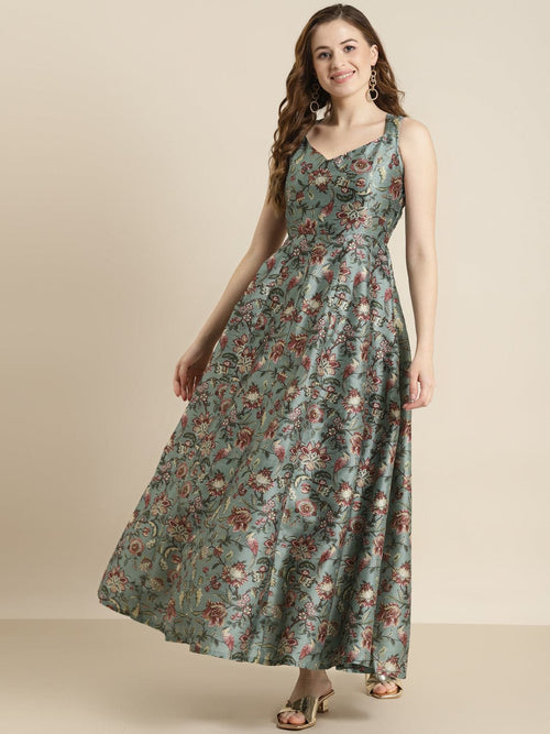 Olive Floral Sweetheart Anarkali Maxi Dress