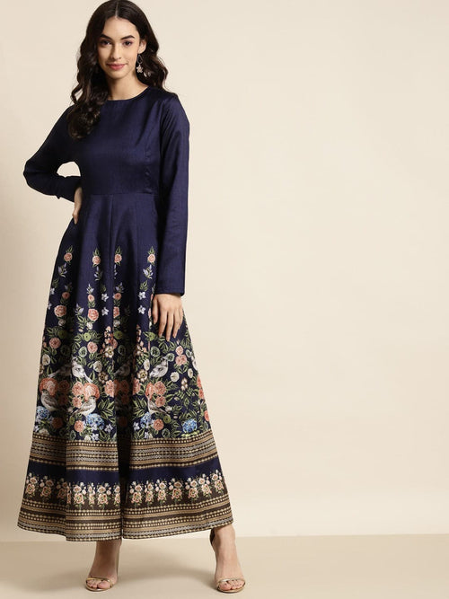 Navy Floral Full Sleeves Anarkali Maxi Dress