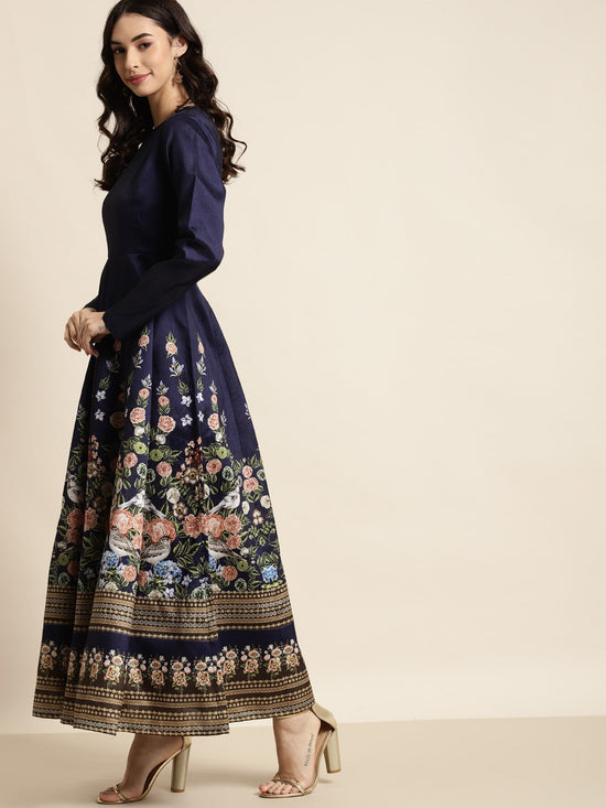 Navy Floral Full Sleeves Anarkali Maxi Dress