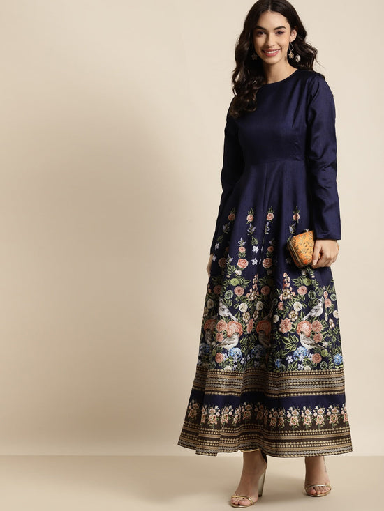 Navy Floral Full Sleeves Anarkali Maxi Dress