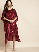 Maroon Velvet Foil Print Fringe Lace Kaftan Dress