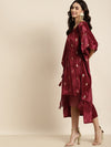 Maroon Velvet Foil Print Fringe Lace Kaftan Dress