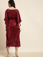 Maroon Velvet Foil Print Fringe Lace Kaftan Dress