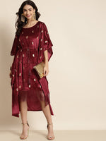 Maroon Velvet Foil Print Fringe Lace Kaftan Dress