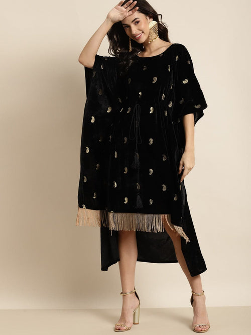 Black Velvet Foil Print Fringe Lace Kaftan Dress