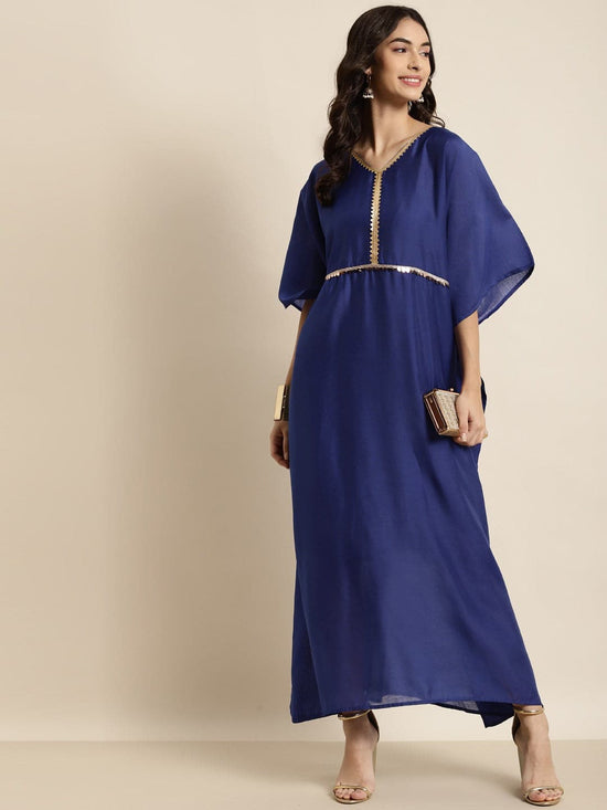 Royal Blue Chanderi Lace Kaftan With Slip