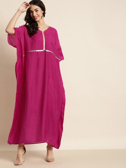 Fuchsia Chanderi Lace Kaftan With Slip