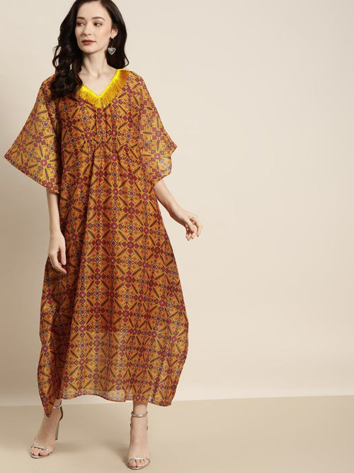 Women Mustard Patola Kaftan With Slip