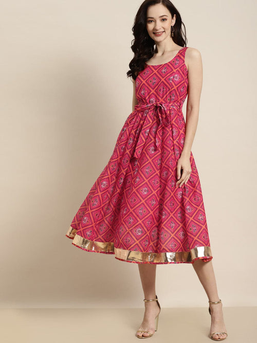 Women Pink Patola Sleeveless Anarkali Dress