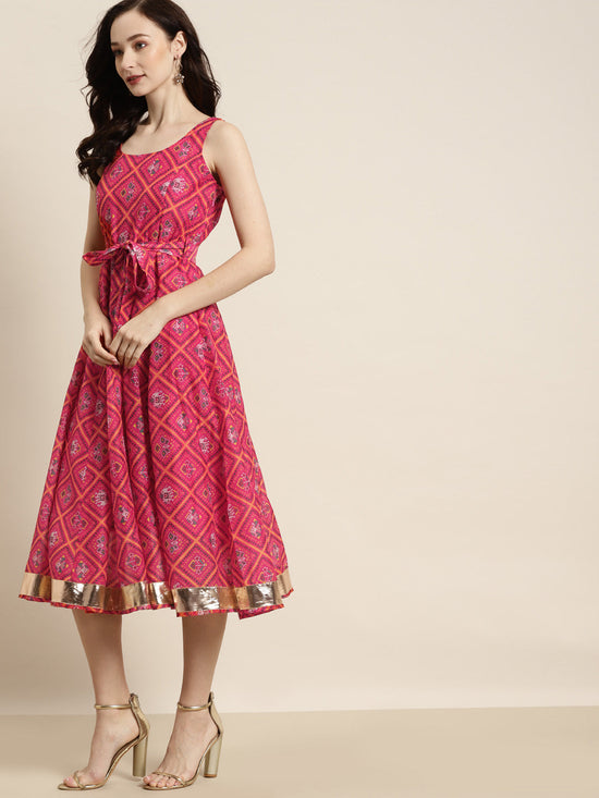 Women Pink Patola Sleeveless Anarkali Dress