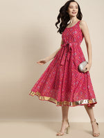 Women Pink Patola Sleeveless Anarkali Dress