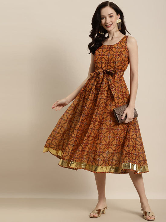 Women Mustard Patola Sleeveless Anarkali Dress