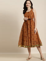 Women Mustard Patola Sleeveless Anarkali Dress