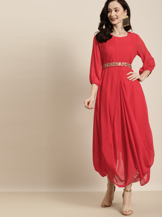 Women Red Embroidered Belt Dhoti Dress