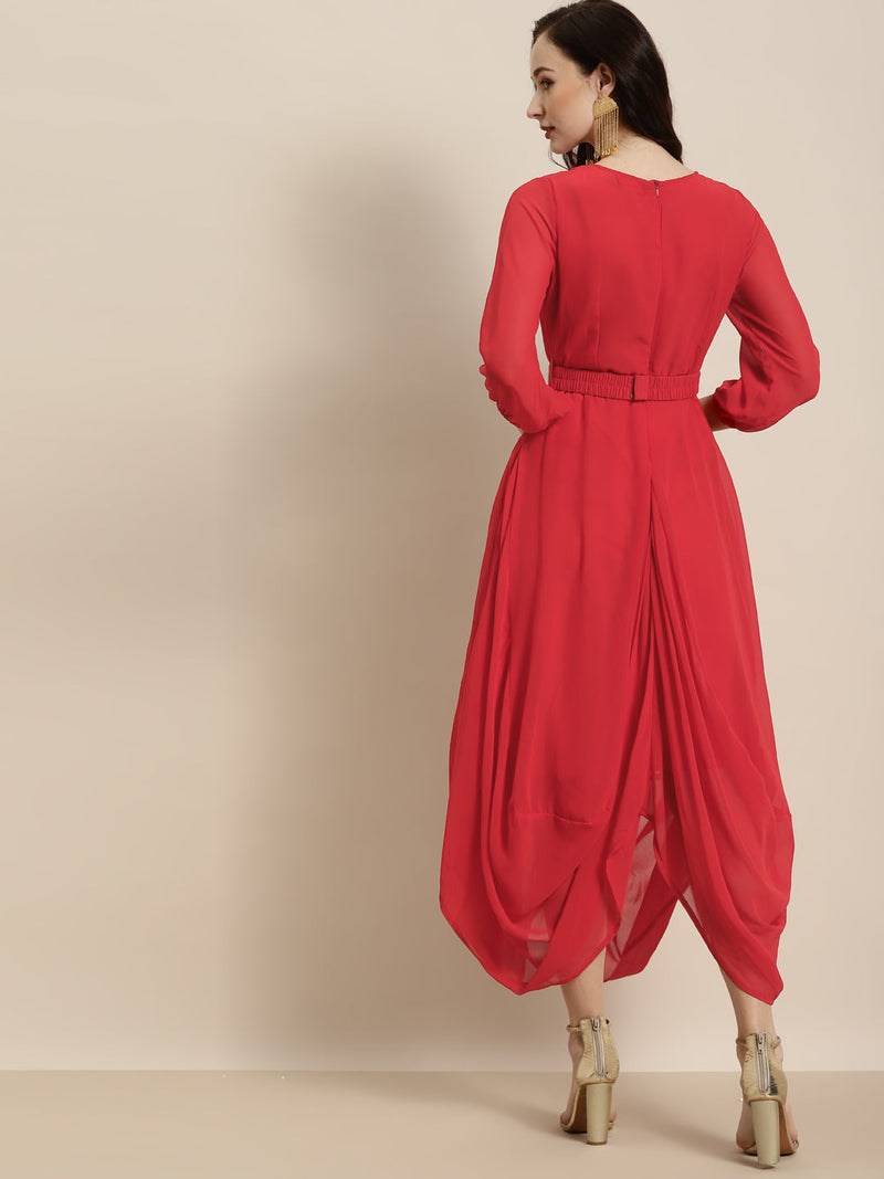 Women Red Embroidered Belt Dhoti Dress