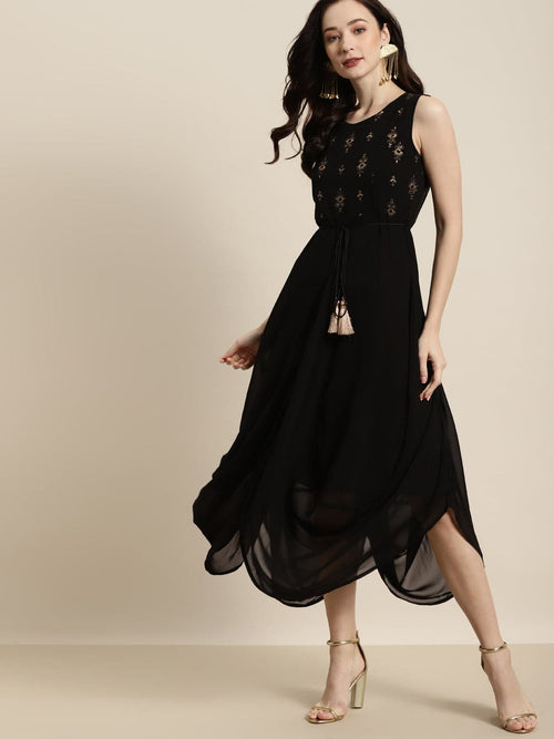 Women Black Sleeveless Foil Dhoti Dress