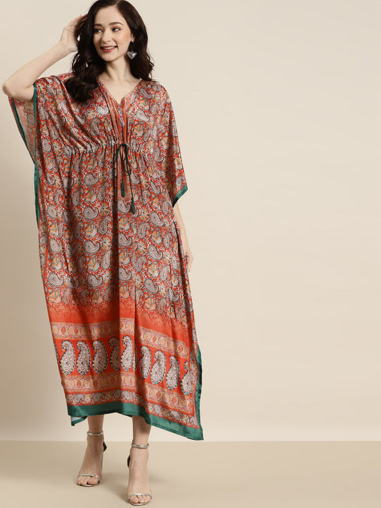 Women Orange & Green Paisely Kaftan Dress