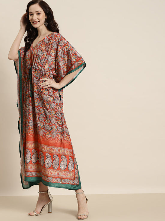 Women Orange & Green Paisely Kaftan Dress