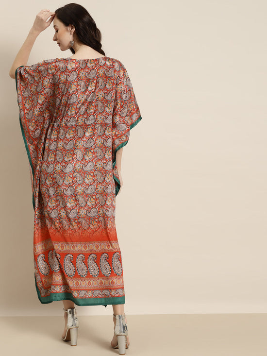 Women Orange & Green Paisely Kaftan Dress