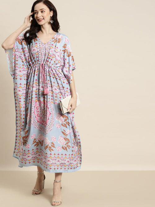 Women Sky Blue Floral Kaftan Dress